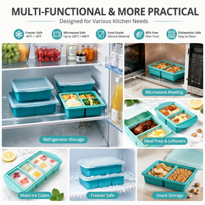 Boîte de préparation de repas en silicone, sans BPA, réutilisable, avec couvercle, 4 compartiments, grand moule à glaçons, contrôle des portions, rangement de cuisine - Product Image 2