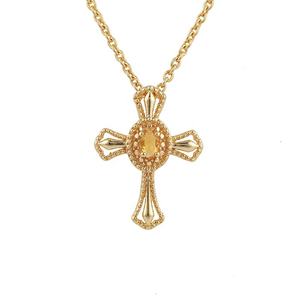 Royal Citrine Gemstone <b>Cross</b> Pendant Chain <b>Necklace</b> Jewelry <b>Gold</b> Plated Oval Yellow Traditional Comfortable Jewelry Gift for Her - Product Image 1