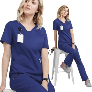 Women's <b>Scrub</b> Set <b>Blue</b> V-Neck Short Sleeve Hospital Uniform Moisture Wicking Split Design For Medical Dental Work - Product Image 1