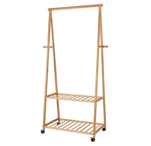 Bamboe Kledingrek Rolling Kledingstuk Rack Met Wielen En 2-Tier Opslag Planken En 4 Kapstokken