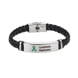 Soul Lock Jewelry Crafted Lymphoma Awareness Souvenir Leather And Stainless Steel Handmade Green Ribbon Medical Bracelet