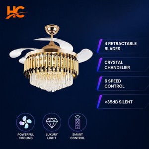 42 Inch Crystal Chandelier <b>Ceiling</b> <b>Fan</b> with Light - Gold Fandelier 4 Retractable Blades <b>Remote</b> <b>Control</b> for Living Room Dining - Product Image 2