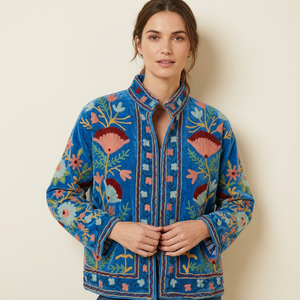 Blue Velvet Knitted Embroidered Bomber Jacket Floral Pattern Mandarin Collar Full Sleeve Breathable Wool Autumn <b>Winter</b> Style - Product Image 1