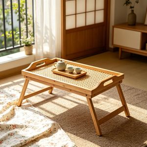 Foldable Rattan Tray <b>Bamboo</b> Natural Wood Minimalist Modern Style Bed <b>Table</b> Serving Tray For Residential Use - Product Image 3
