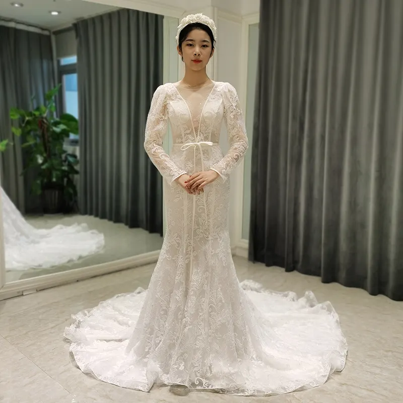 AmL 8358 wedding dress 2021 online celebrity long sleeve lace sexy mermaid Woman suit bridal girls-flowers Wrap high quality