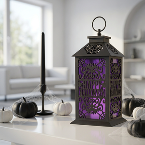 Decoración de Halloween 2026, Linterna de Cristal Morado y Metal Negro con Recorte de Feliz Halloween - Product Image 1