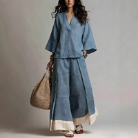 Nouvelle collection 2026 : Ensemble pantalon large et chemise à manches trois-quarts col en V style français en polyester et élasthanne pour femme, idéal pour l'export.
