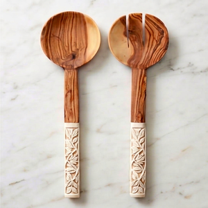 Ensemble de couverts en bois élégant avec manche floral blanc cassé, design minimaliste pour la cuisine, essentiels pour la salle à manger, hôtels et événements - Product Image 1