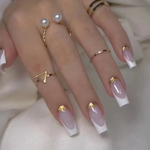 Gel de salón largo de etiqueta privada, prensa en las uñas, uñas rojas con purpurina dorada, uñas artificiales falsas, uñas de Gel francés, prensa de uñas - Product Image 5