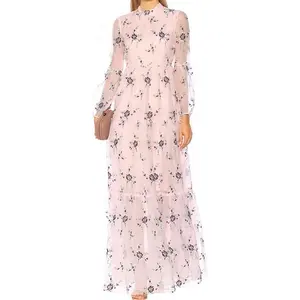 Design Custom Women Clothing Mature Gentle Style Tulle Female Spring And Summer Dress Mesh Sleeve Floral Translucent Long Dress