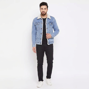 Autumn Men's <b>Denim</b> Jacket Stand Linen Lined Thick Warm Outerwear Distressed Blue Jean <b>Coat</b> Vintage Style Front Fashion Casual - Product Image 1