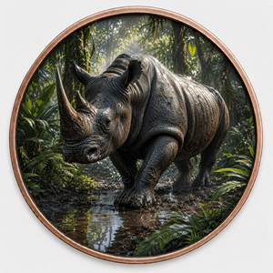 Pièces de monnaie en cuivre 5 oz .999 Cuivre Pur, Motif Forêt Tropicale et Boue de Rhinocéros, Impression UV Colorée, Cadeau - Product Image 1