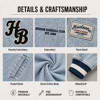 Blouson en jean pour homme, style universitaire, délavé, avec patchs chenille, coupe oversize, boutons-pression, logo personnalisé, vente en gros, usine OEM ODM