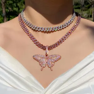 Zircon Crystal Ice Pink Butterfly Charm Pendant Necklace Iced out Rose gold pink cute luxury butterfly with cuban chain necklace