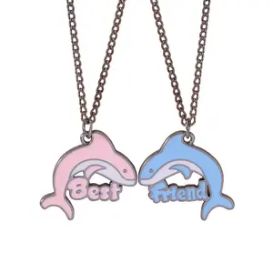 Go Party Cartoon 2Pcs/Set Blue Pink Oil Drop Enamel Dolphin Pendant Necklace BFF Friendship Best Friend Necklace For Girls Kids
