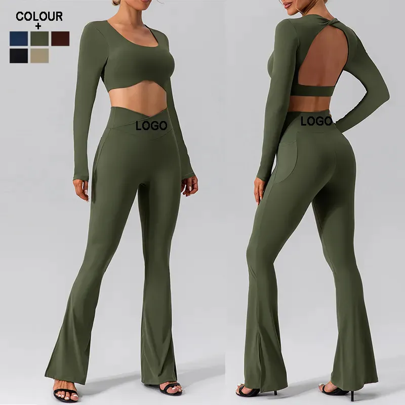 Aoyema New Arrivals Quick Dry Sportswear Sets Women Compression Lightweight V Cut Flare Pants and Tops Set Gym Fitness Yoga Wear