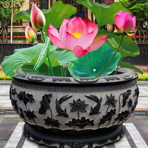 Bac à eau extérieur sculpté <span class=keywords><strong>en</strong></span> <span class=keywords><strong>pierre</strong></span> de bluestone, design lotus antique, utilisable comme baignoire, bac à fleurs ou bassin d'eau pour cour. - Product Image 1