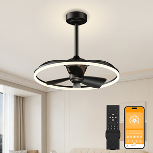 Ventilateur de plafond moderne minimaliste noir en plastique de 23,6'' avec lumière, télécommande APP, LED dimmable, moteur DC silencieux et réversible pour chambre à coucher - Product Image 1