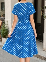 Robe midi d'été pour femme à pois, col rond, manches courtes, ceinture à la taille, coupe trapèze, vente en gros