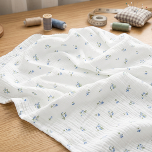 Floral Voile Fabric White Blue Print Breathable Lightweight Woven Cotton Home Textile Bedding Infant Baby Use - Product Image 1