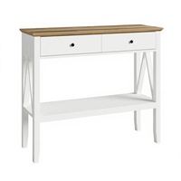 Console moderne blanche avec plateau en bois, 2 tiroirs, base en tréteaux, rangement, meuble d'entrée, salon