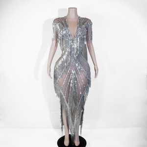 <span class=keywords><strong>Vestido</strong></span> Maxi de Lujo con Flecos de Pedrería Plateada y Malla Transparente, Sin Espalda, para Baile, Disfraces Sexys, Ropa de Baile Escénico, <span class=keywords><strong>Drag</strong></span> <span class=keywords><strong>Queen</strong></span>, para Mujer, En Stock - Product Image 1