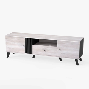 Meuble TV moderne du milieu du siècle pour téléviseurs de 80 pouces avec <span class=keywords><strong>étagère</strong></span> ouverte, 2 armoires latérales, <span class=keywords><strong>console</strong></span> multimédia, centre de divertissement - Product Image 3