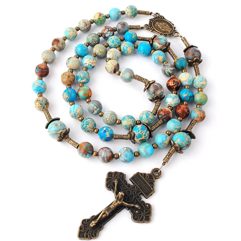 8mm Blue Imperial Jasper Gemstone Beads Rosary on Wire with Virgin Mary Center Piece and Pardon Crucifix in Anti-Bronze Plated