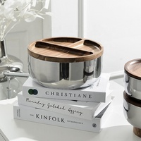 Plateau à fruits en bois d'acacia moderne et luxueux, bol en acier inoxydable à trois étages, plateau de rangement pour noix, collations et table basse