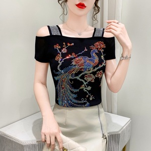 Camisetas con hombros descubiertos y diamantes de imitación brillantes, camisetas de malla con flores de pavo real azul y rojo, camisetas de manga corta para discoteca, <span class=keywords><strong>camiseta</strong></span> de fiesta - Product Image 5