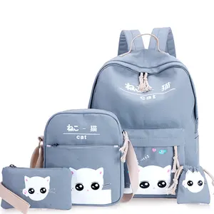 HSI 4-teiliges Set Rucksack Mittagstüte Karikatur niedlicher Katzen-Schultasche Bento-Tote-Tasche Bleistifttasche Kinder-Taschenbuchstabendose