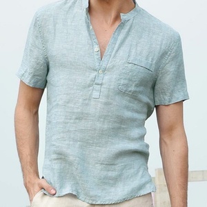 Chemises en lin pur pour hommes, tissu léger à séchage rapide pour l'été, logo personnalisé, commandes en gros - Product Image 3
