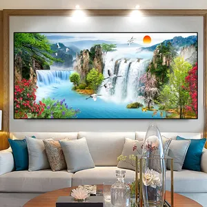 瀑布日落风景油画湖鸟海报和版画壁画夸德罗斯客厅家居装饰无框