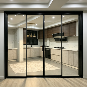 Porte coulissante en verre aluminium noir mat moderne à quatre panneaux, du sol au <span class=keywords><strong>plafond</strong></span>, pour séparation <span class=keywords><strong>salon</strong></span>-<span class=keywords><strong>cuisine</strong></span>, réfléchissante - Product Image 2