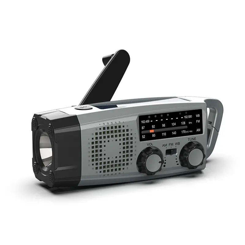 Rádio do tempo da emergência com o rádio do Dynamo AM/FM/WB do painel solar com lanterna elétrica