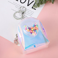 Mini sac à dos carré laser, porte-monnaie porte-clés, motif cœur mignon en PVC à paillettes, pochette zippée pour écouteurs et rouge à lèvres