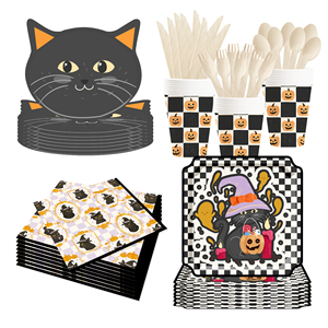 DAMAI Happy Halloween Paper Plates Set Halloween Cat Theme Party Decorations Paper Plates Cups Napkins for Kids Halloween Party - Product Image 3