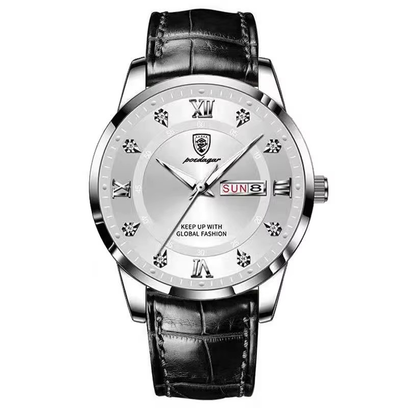 6 white dial silver case black strap