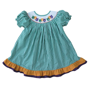 Robe à carreaux à manches bouffantes pour bébé fille, vente en gros, robe smockée personnalisée pour enfants, robe de Mardi Gras pour filles - Product Image 1