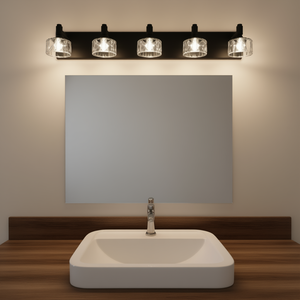 Lámpara de tocador LED moderna de 5 luces, de hierro negro mate con pantallas de cristal, montada en la pared para espejo de baño - Product Image 2