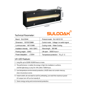 Lampe de polymérisation UV SULODAK SU-1401511D pour imprimantes UV <span class=keywords><strong>Toshiba</strong></span> CEN4 Ricoh G5/G6 pour I3200 - Refroidissement par eau, adhésif électronique PET/PP - Product Image 3