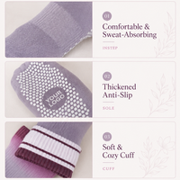 Chaussettes de yoga antidérapantes pour femmes, à rayures dégradées violettes, avec logo personnalisé, idéales pour le yoga, le Reformer et le fitness, mi-mollet