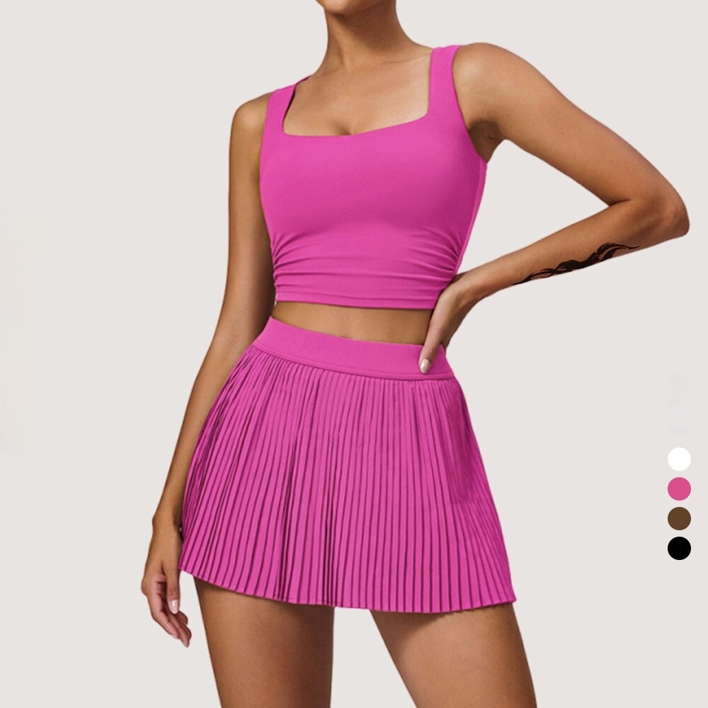 Customize Women's 2-Pieces Yoga Top & Skirt Set-Spandex/Polyester Quick Dry Four-Way Stretch Elastic Waist Breathable Gym Set