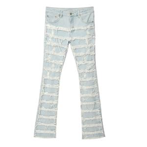 Jeans en denim déchiré superposé vintage Y2K bleu clair délavé avec ourlet effiloché Pantalon décontracté droit pour hommes - Product Image 1
