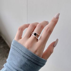 Dylam Stylish Fine Jewelry S925 Silver Rhodium Plated Double Layer Black Onyx Gemstone Jewelry <b>Open</b> <b>Rings</b> for Women - Product Image 4