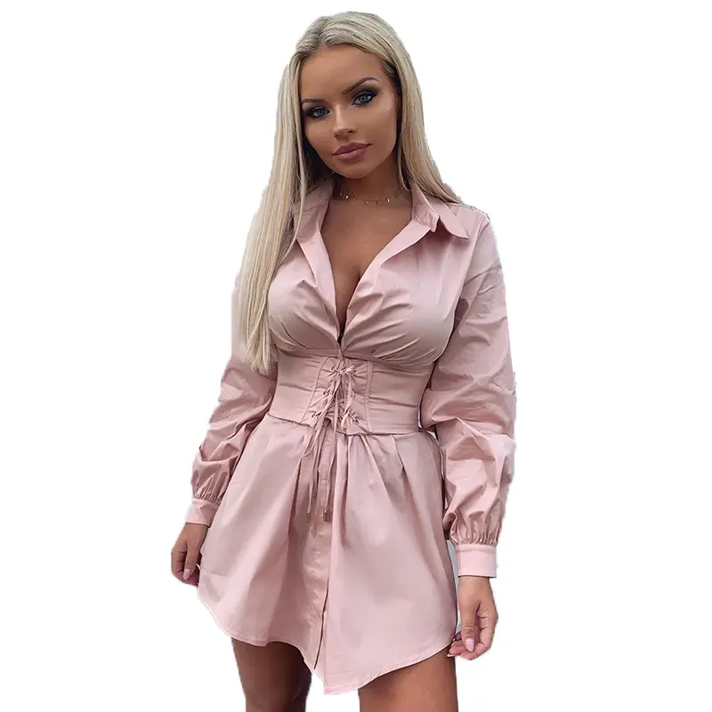 Wholesale Autumn Vintage White Pink 2020 New Women Long Sleeve Lace Up Mini Sexy Corset Shirt Casual Dresses