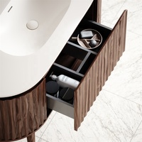 Ensemble de meuble de salle de bain incurvé avec lavabo intégré en céramique, meuble de salle de bain moderne en bois massif