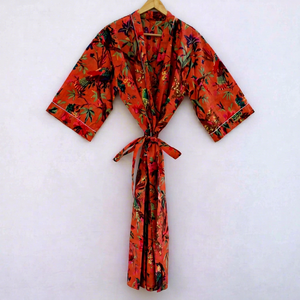 Kimono Floral de Algodón, Túnica Kimono Hecha a Mano con Estampado de Bloques, Cubrebaño de Playa, Kimono Estampado a Mano, Kimono de Noche para Mujer - Product Image 1