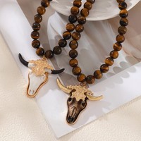 Collar de Piedras de Lava con Estilo Bohemio Tribal, Hecho a Mano con Nudos, Adornado con Diamantes de Imitación, Colgante de Cabeza de Búfalo con Cuernos de Toro