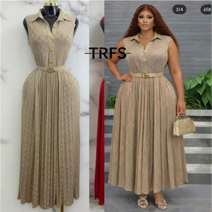 26 Summer New Sleeveless Shirt Dress Pleated <strong>Skirt</strong> Embossed GG Design A-line Silhouette <strong>Elastic</strong> <strong>Waist</strong> Polyester Women's Large - Product Image 1